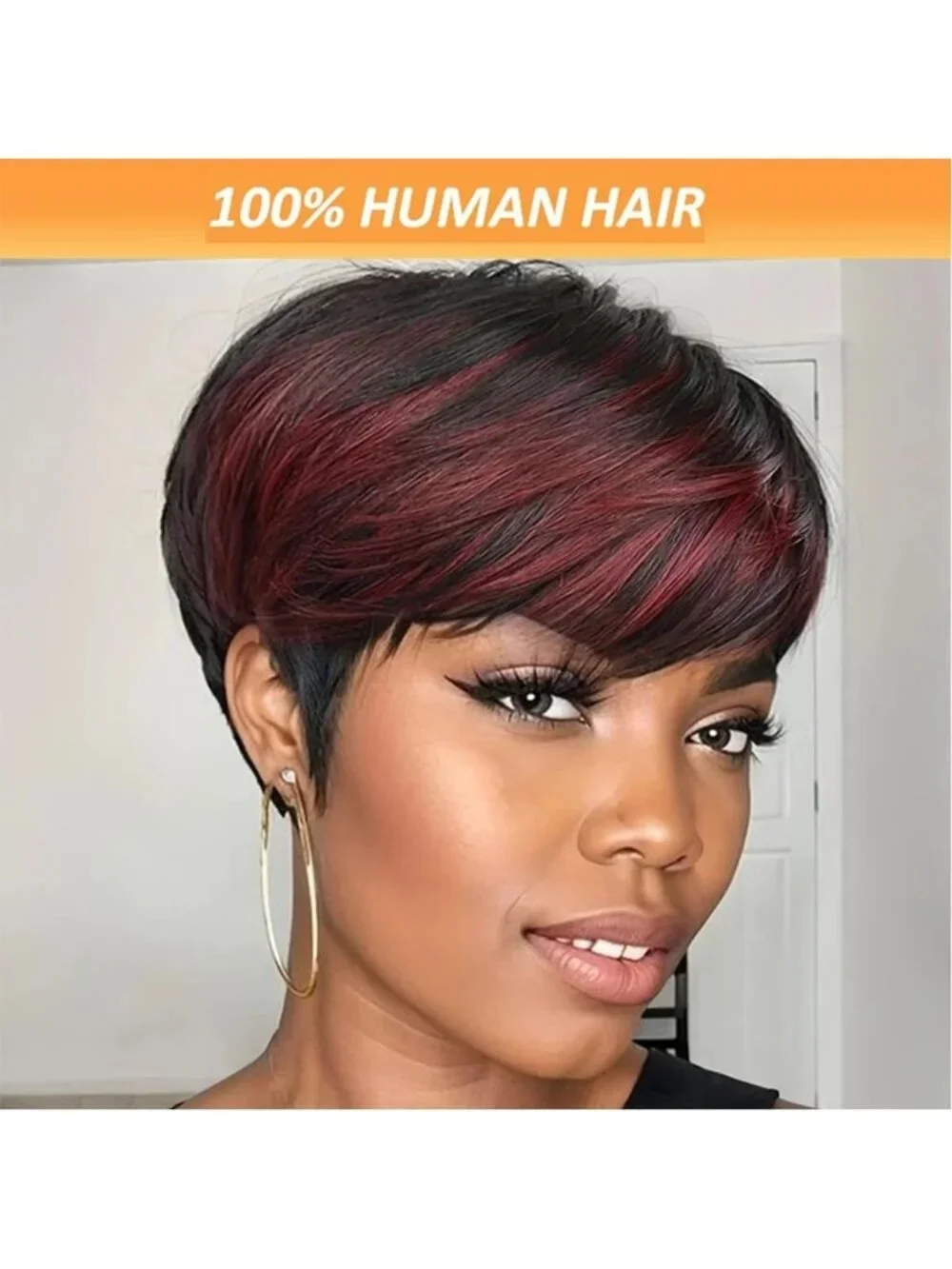 180% Density Burgundy Highlight Pixie Cut Wig - Glueless Human Hair for Daily